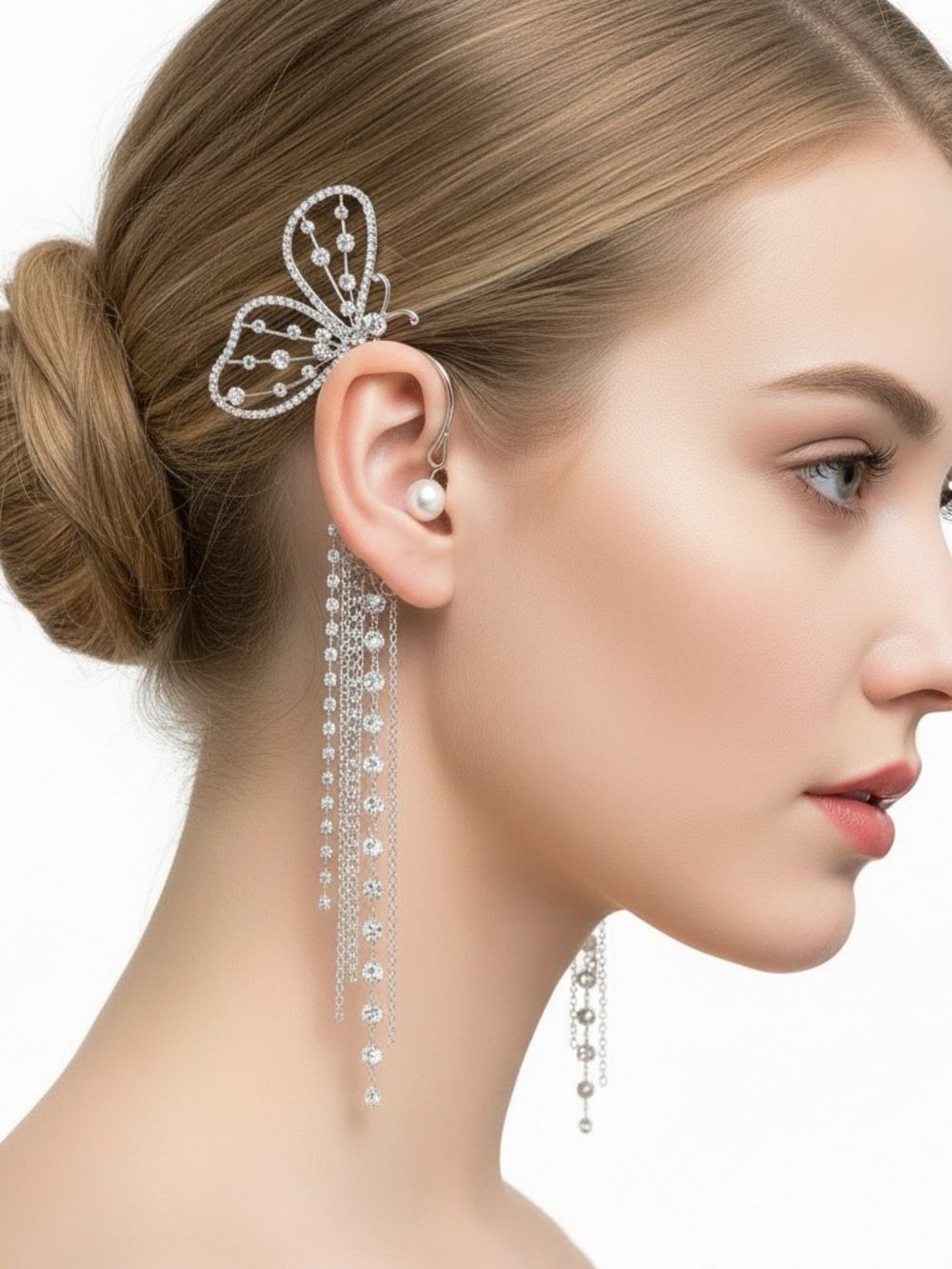 Silver Butterfly Tassel Ear Cuff Set Wrap Pearl Rhinestone Fringe NWT